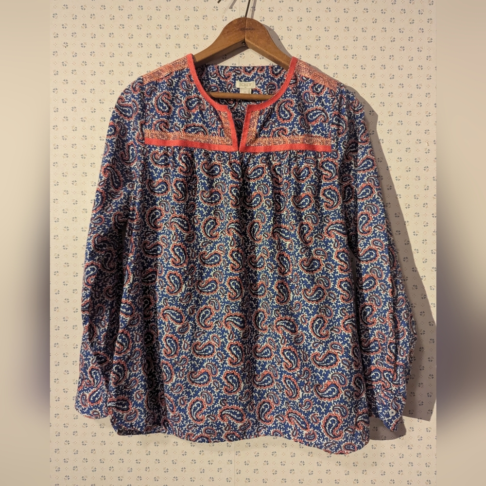 J. Crew XS Top Paisley Cotton Embroidered Granola Loose Fit Peasant Boho Hippie